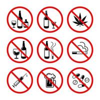 Sign forbidden drugs and alcohals in red crossed out circle, no drugs, no alcohol, no smoke vector