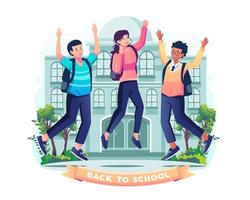 Happy students with backpacks are jumping in front of the school building. Schoolboy and schoolgirl are greeting each other. Back to school concept design. Vector illustration in flat style