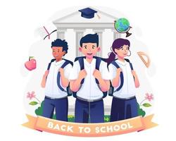 Children in student uniforms with backpacks are ready to go back to school. Vector illustration in flat style