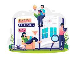 International Literacy day concept with People relaxing while reading books. Vector illustration in flat style