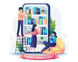 la gente lee libros en bibliotecas digitales en pantallas gigantes de teléfonos inteligentes con varios libros. feliz día de la alfabetización el 8 de septiembre. ilustración vectorial en estilo plano vector