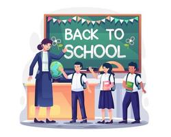 The teacher welcomes students in the class with happiness back to school. Welcome back to school concept design. Vector illustration in flat style