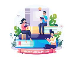 Young men and women read a book while sitting and enjoy studying together. International Literacy day concept design. Vector illustration in flat style