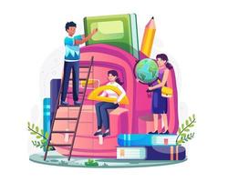 Students prepare school supplies and put books, pencils, and stationery into a giant backpack. Back to school concept design. Vector illustration in flat style