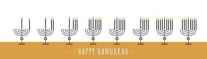 Happy Hanukkah celebration card. Hanukkiah line icon set. Jewish Religion Holiday. Candleholders silhouette isolated white background. Vector illustration