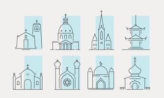 Church line icons set. Christianity, Islam, Jewish creed. House for God, holy building. Architecture in the city and countryside. Vector illustration
