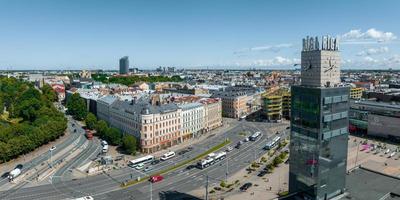 Aerial view of the Riga central train station tower with name of the city and clock. photo