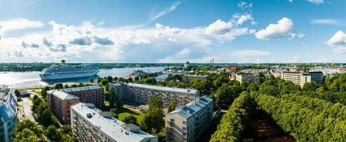 Aerial view of the large cruise ship docked in Riga port, photo