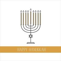 Happy Hanukkah line art design. Menorah candle holder with flame and text. Jewish Family celebrate Religion Holiday. Element of decor thin line. Vector illustration on white background
