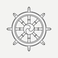 Dharma Wheel symbol of Buddhism and Hinduism. Dharmachakra line art. Teach and walk to the path of Nirvana. Vector illustration