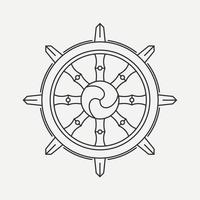 Dharma Wheel symbol of Buddhism and Hinduism. Dharmachakra line art. Teach and walk to the path of Nirvana. Vector illustration