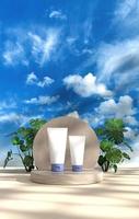 3d rendering cosmetic tube on podium display with sky background for mockup illustration photo