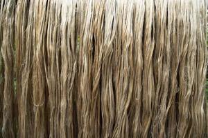 Closeup shot of raw jute fiber hanging under the sunlight for drying. Brown jute fiber texture and  background photo