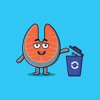 Cute cartoon fresh salmon throwing trash in trash vector