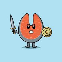 Cute cartoon Fresh salmon holding sword and shield vector