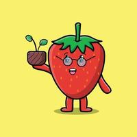 Cute cartoon strawberry holding plant in a pot vector