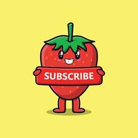 cartoon strawberry holding red subscribe board vector