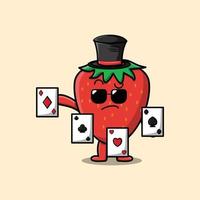 Cute cartoon strawberry magician play magic cards vector