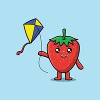 Cute cartoon strawberry playing kite flaying vector