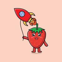 Cute cartoon strawberry floating with rocket vector