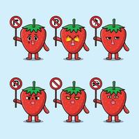Cute strawberry cartoon holding traffic sign vector