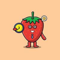 Cute cartoon strawberry character holding clock vector