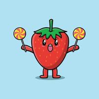 Cute cartoon strawberry holding lollipop candy vector