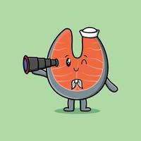 Cute cartoon fresh salmon sailor using binocular vector