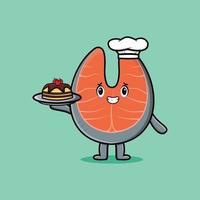 Cute Cartoon chef fresh salmon serve cake on tray vector