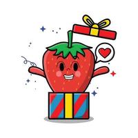 cartoon strawberry character out from big gift box vector