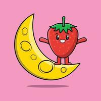 Cute cartoon Strawberry standing on crescent moon vector