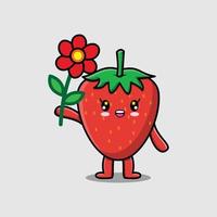 Cute cartoon strawberry character hold red flower vector