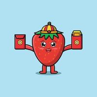 Cute cartoon strawberry chinese hold red packets vector