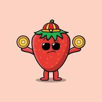 Cute cartoon strawberry chinese holding coin vector