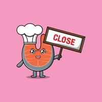 cartoon fresh salmon chef holding close sign board vector