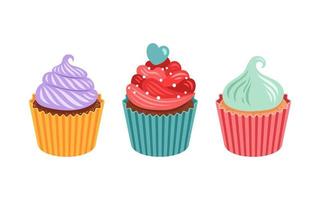 conjunto de lindos cupcakes y muffins vectoriales, diferentes colores y formas