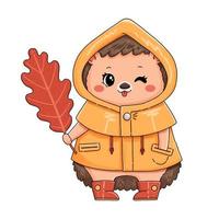 Hedgehog in yellow raincoat with red autumn leaf in red boots vector illustration