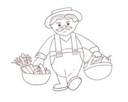 Cute farmer character. Grandpa with two baskets of crops. Harvesting vegetables. Line art. Coloring for children vector