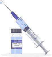 The only effective coronavirus vaccine. Glass ampoule with medicine and syringe. Timely vaccination against Covid-19. Protection against viruses and disease. vector