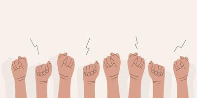 Hands up, fingers clenched into a fist. Protest and strike. Fighting for their rights. Men and women express dissatisfaction and defend their position vector