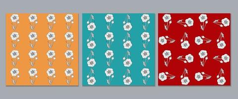 Set of botanical seamless patterns with stylized poppies. Floral modern vector print linear hand drawn