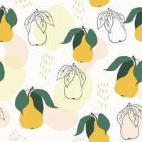 Seamless vector pattern. Stylized yellow pears with leaves. Simple abstract shapes. Fruit elements