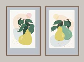 Pears on a branch with leaves. Template with an abstract composition of simple shapes and fruits. Minimalist, boho style vector