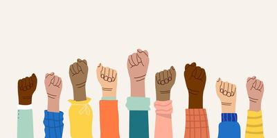 Hands and fists of people of different nationalities and races raised in the air. Protest and strike. Fighting for their rights. Men and women express dissatisfaction and defend their position vector