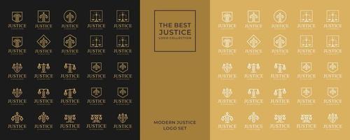 logo simple y elegante de la firma de abogados, juego de logos de justicia, fondo negro y dorado vector