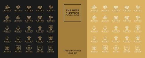 logo simple y elegante de la firma de abogados, juego de logos de justicia, fondo negro y dorado vector