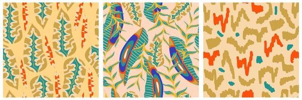 conjunto de patrones sin fisuras de la jungla boho estética para el diseño de impresión. fondo floral tropical de la colección botánica boho. patrón de selva floral exótico moderno. textura geométrica. diseño de impresión. vector