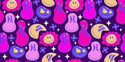 Trippy psychedelic aesthetic y2k seamless pattern. Trippy smile retro pop funny cartoon character. Smiley Happy face. Psychedelic print. Daisy flower and star. vector