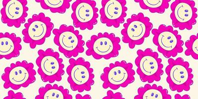 Trippy psychedelic aesthetic y2k seamless pattern. Trippy smile retro pop funny cartoon character. Smiley Happy face. Psychedelic print. Daisy flower pink. vector