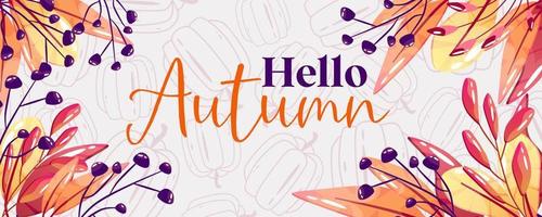 Hello autumn banner with fall leaf. Template design. Botanical autumn template. Abstract art. Banner design. Cartoon vector seasonal illustration.